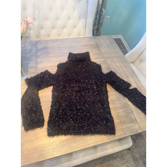 Jonathan Simkhai Women's Black Cold Shoulder Fuzzy Turtleneck Sweater L - Picture 5 of 9